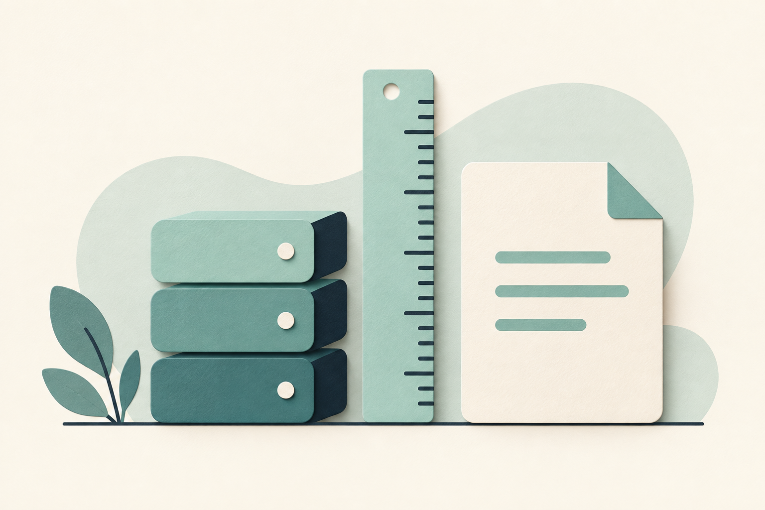 Mint storage blocks, measuring ruler and document representing file size